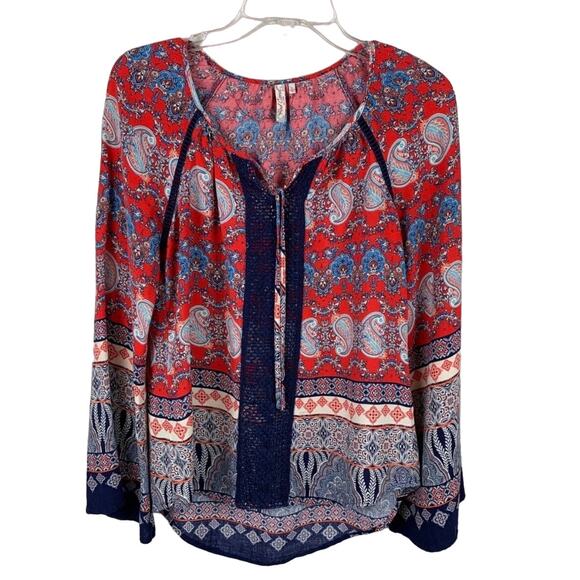 Red Camel Navy and Red Paisley Boho Bell Sleeve Blouse Size Small - Picture 1 of 5